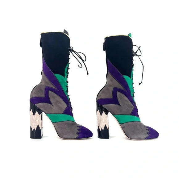 Miu Miu SS2016 Suede Patchwork Colorblock Crystal Embellished High Heel Boots 40 - Picture 5 of 10